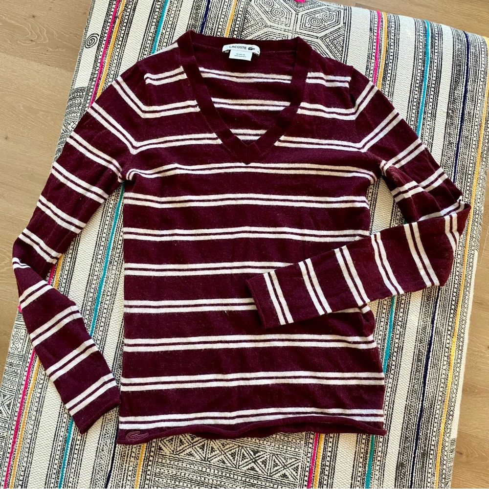 Lacoste Women's Wool Jersey Striped V-Neck Sweater